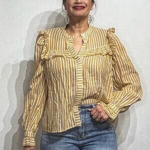 Joe's The Ruffle Bib Yellow Metallic Stripe Button Down Blouse Sz L NWT